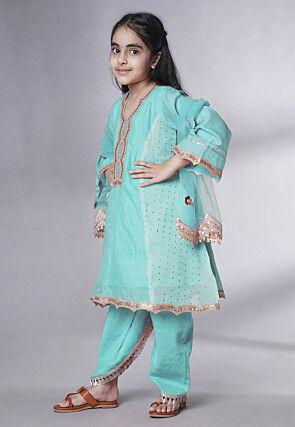 Embroidered Chanderi Silk Punjabi Suit in Sky Blue