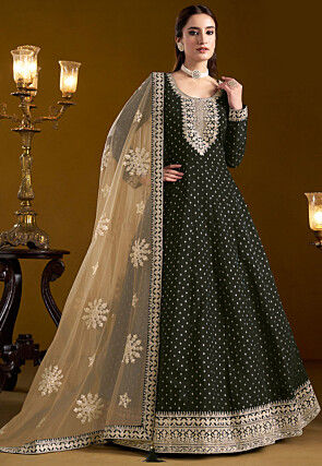 Embroidered Chanderi Silk Jacquard Abaya Style Suit in Black