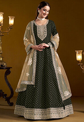 Embroidered Chanderi Silk Jacquard Abaya Style Suit in Black