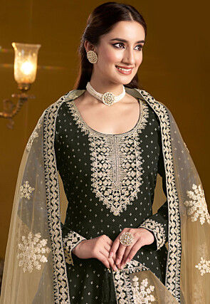Embroidered Chanderi Silk Jacquard Abaya Style Suit in Black