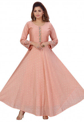 Embroidered Chanderi Silk Jacquard Long Kurta in Peach