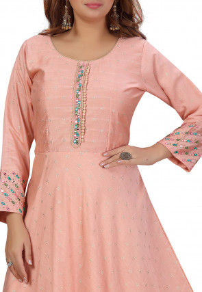 Embroidered Chanderi Silk Jacquard Long Kurta in Peach