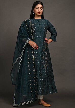 Embroidered Chanderi Silk Jacquard Pakistani Suit in Dark Teal Blue