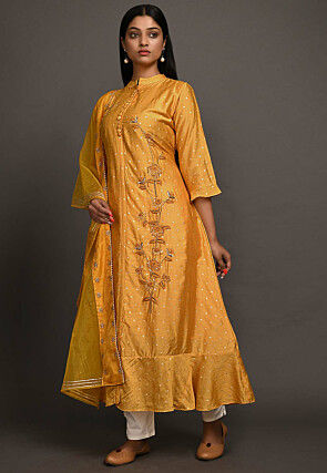 Embroidered Chanderi Silk Jacquard Pakistani Suit in Mustard