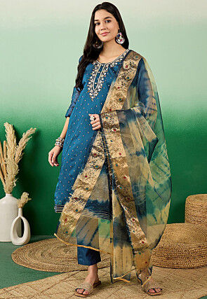 Embroidered Chanderi Silk Jacquard Pakistani Suit in Teal Blue