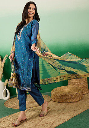 Embroidered Chanderi Silk Jacquard Pakistani Suit in Teal Blue