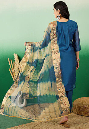 Embroidered Chanderi Silk Jacquard Pakistani Suit in Teal Blue