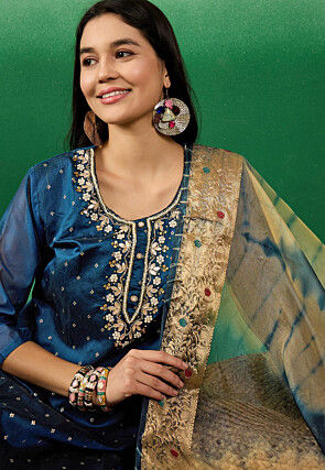 Embroidered Chanderi Silk Jacquard Pakistani Suit in Teal Blue