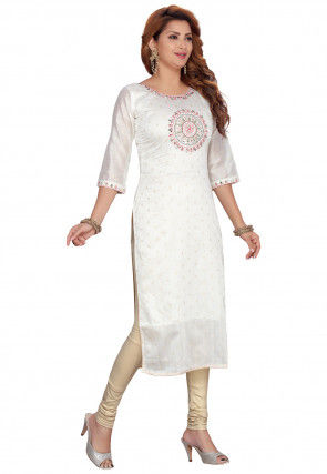Embroidered Chanderi Silk Jacquard Straight Kurta in Off White