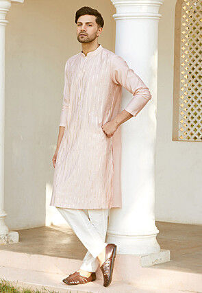 Embroidered Chanderi Silk Kurta Set in Baby Pink