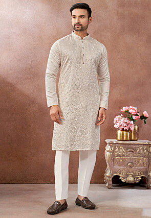 Embroidered Chanderi Silk Kurta Set in Cream