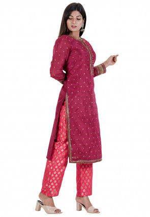 Embroidered Chanderi SIlk Kurta with Palazzo in Wine