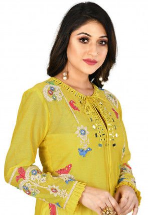 Embroidered Chanderi Silk Kurta with Pant in Mustard