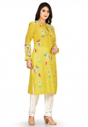 Embroidered Chanderi Silk Kurta with Pant in Mustard