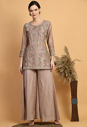 Embroidered Chanderi Silk Kurti Set in Brown