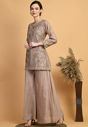Embroidered Chanderi Silk Kurti Set in Brown