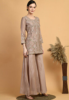 Embroidered Chanderi Silk Kurti Set in Brown