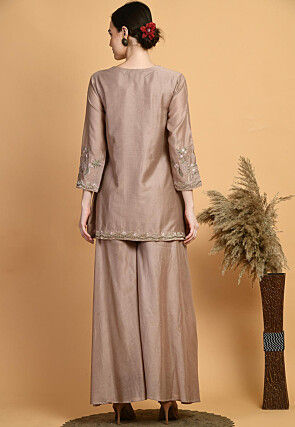 Embroidered Chanderi Silk Kurti Set in Brown