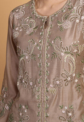 Embroidered Chanderi Silk Kurti Set in Brown