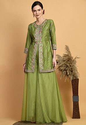 Embroidered Chanderi Silk Kurti Set in Green