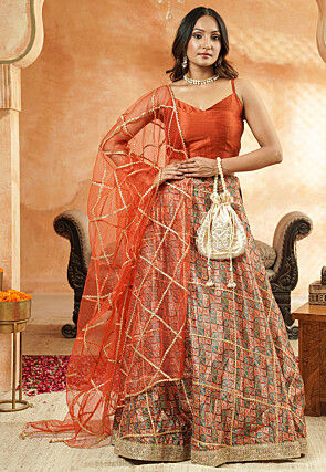 Embroidered Chanderi Silk Lehenga in Multicolor