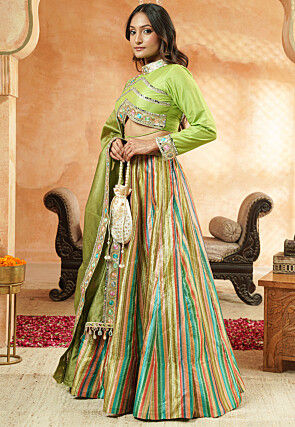 Embroidered Chanderi Silk Lehenga in Multicolor
