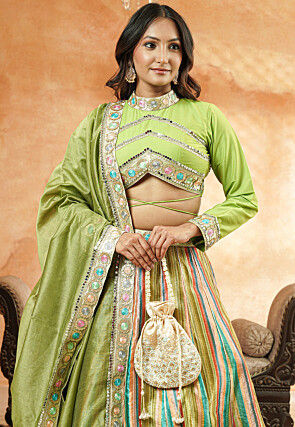 Embroidered Chanderi Silk Lehenga in Multicolor