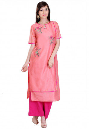 Embroidered Chanderi Silk Long Kurta in Peach