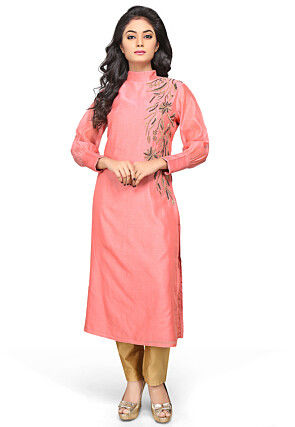 Embroidered Chanderi Silk Long Kurta in Peach
