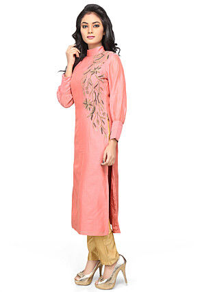 Embroidered Chanderi Silk Long Kurta in Peach