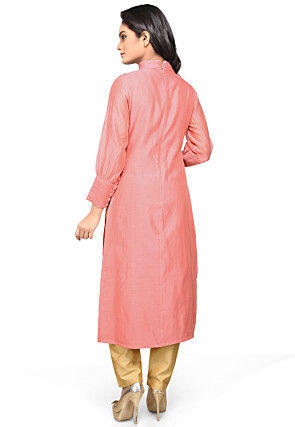 Embroidered Chanderi Silk Long Kurta in Peach