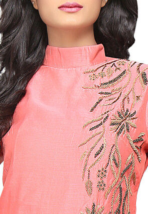 Embroidered Chanderi Silk Long Kurta in Peach
