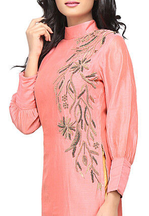 Embroidered Chanderi Silk Long Kurta in Peach