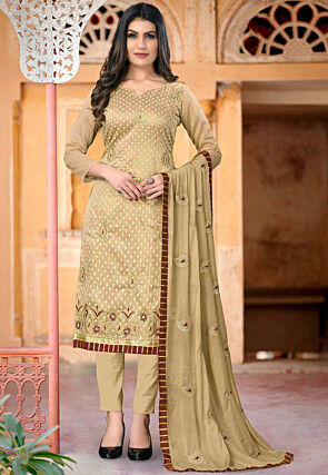 Embroidered Chanderi Silk Pakistani Suit in Beige