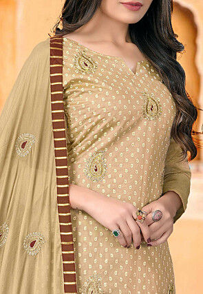 Embroidered Chanderi Silk Pakistani Suit in Beige