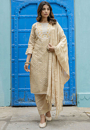 Embroidered Chanderi Silk Pakistani Suit in Beige