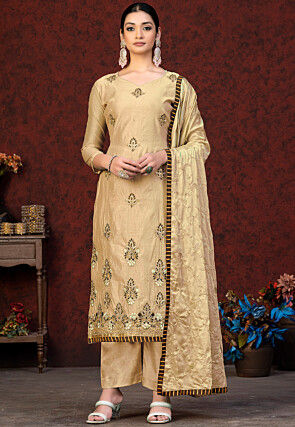 Embroidered Chanderi Silk Pakistani Suit in Beige