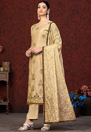 Embroidered Chanderi Silk Pakistani Suit in Beige