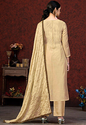 Embroidered Chanderi Silk Pakistani Suit in Beige