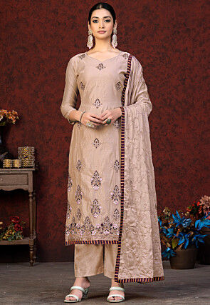 Embroidered Chanderi Silk Pakistani Suit in Beige