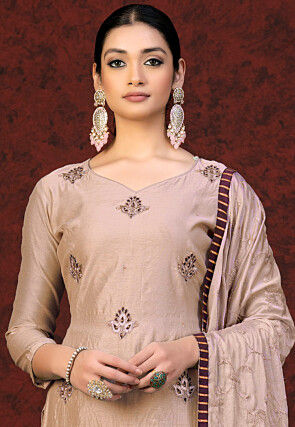 Embroidered Chanderi Silk Pakistani Suit in Beige