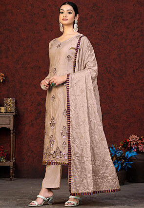 Embroidered Chanderi Silk Pakistani Suit in Beige