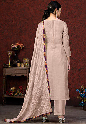 Embroidered Chanderi Silk Pakistani Suit in Beige