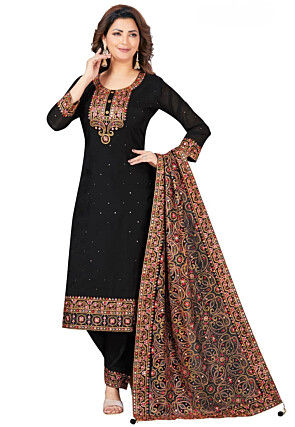Embroidered Chanderi Silk Pakistani Suit in Black