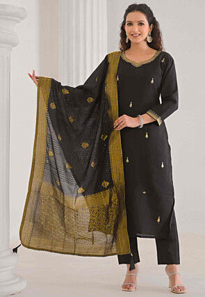 Embroidered Chanderi Silk Pakistani Suit in Black