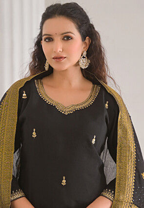 Embroidered Chanderi Silk Pakistani Suit in Black