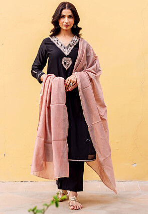 Embroidered Chanderi Silk Pakistani Suit in Black