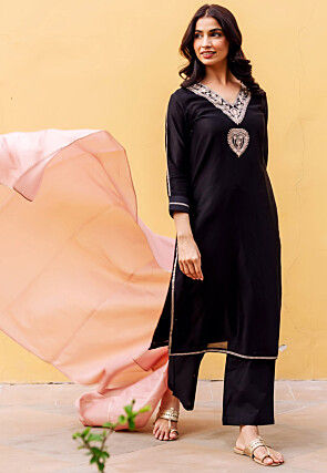 Embroidered Chanderi Silk Pakistani Suit in Black