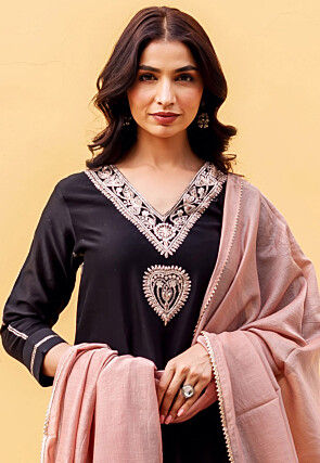 Embroidered Chanderi Silk Pakistani Suit in Black