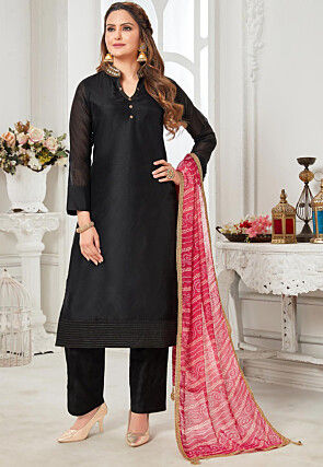 Embroidered Chanderi Silk Pakistani Suit in Black